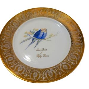 ATLAS CHINA NY Gold White Plate Blue Birds "Love Birds For 50 Years" 22 Kt Gold